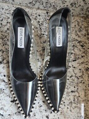 Steve Madden Black and Clear Vyper Crystal-Trim Pointed-Toe Pumps